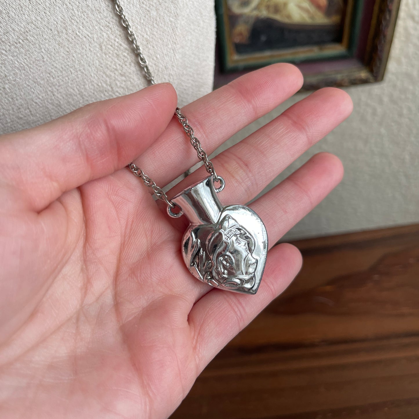 Art Nouveau Necklace Heart Perfume Vase Pendant Vessel Silver Tone