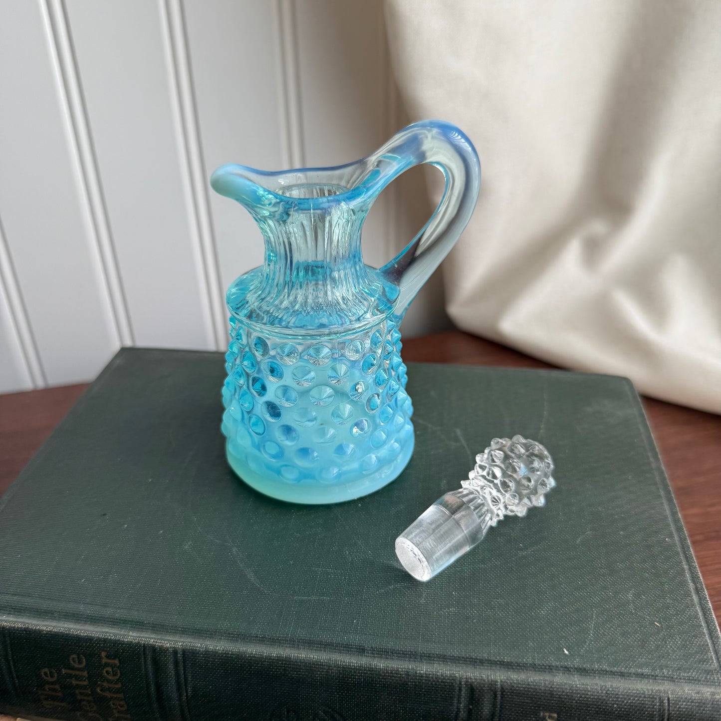 Fenton Art Glass Blue Opalescent Hobnail Cruet Bottle