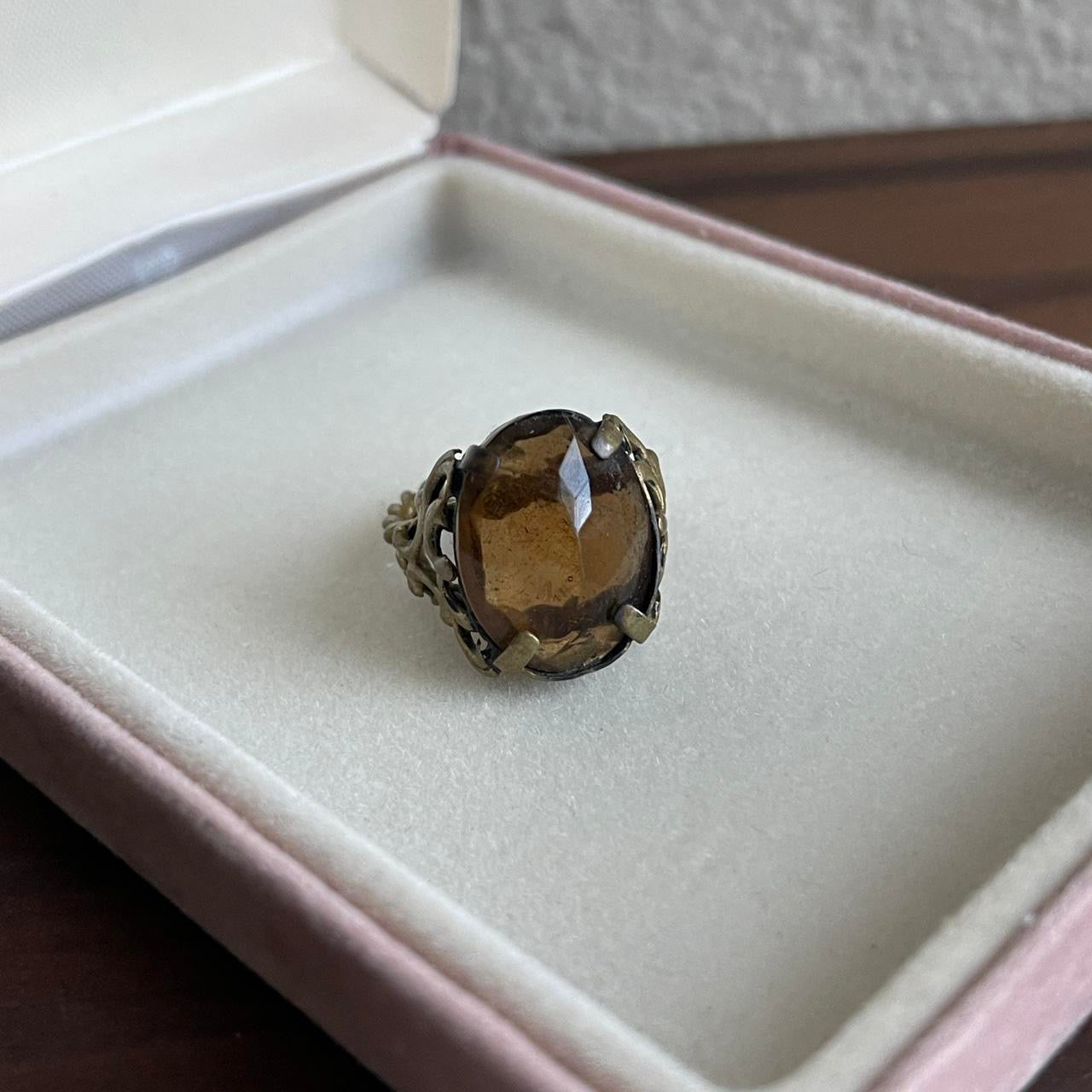 Vintage West Germany art glass Smoky topaz gemstone metal ring Adjust Regency Victorian Revival