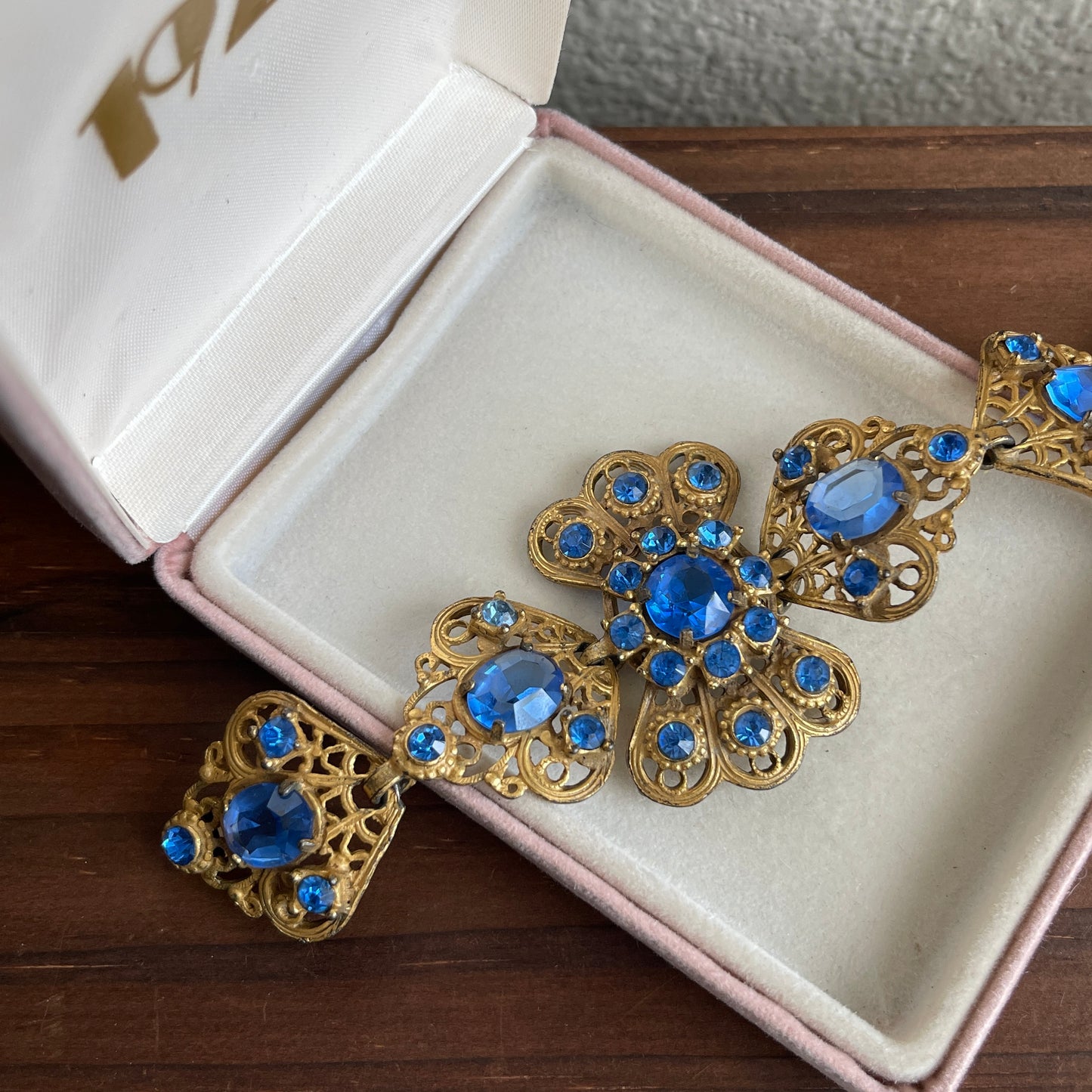 Vintage Blue Glass Rhinestone And Filigree Bracelet