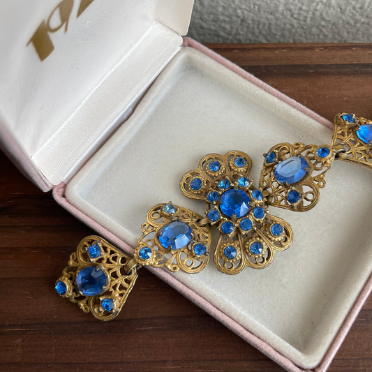 Vintage Blue Glass Rhinestone And Filigree Bracelet