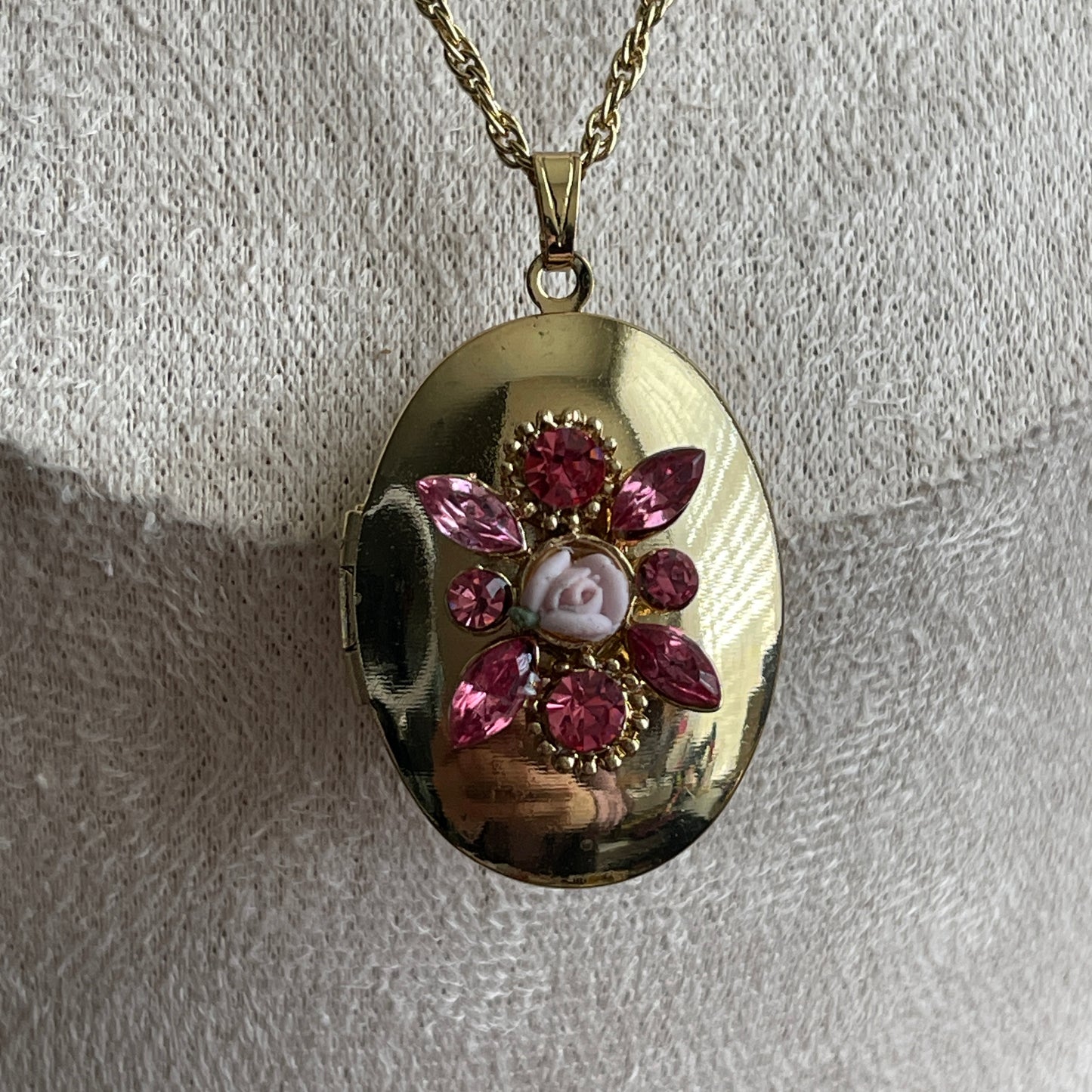 Vintage rose pink diamond with porcelain rose gold tone locket necklace