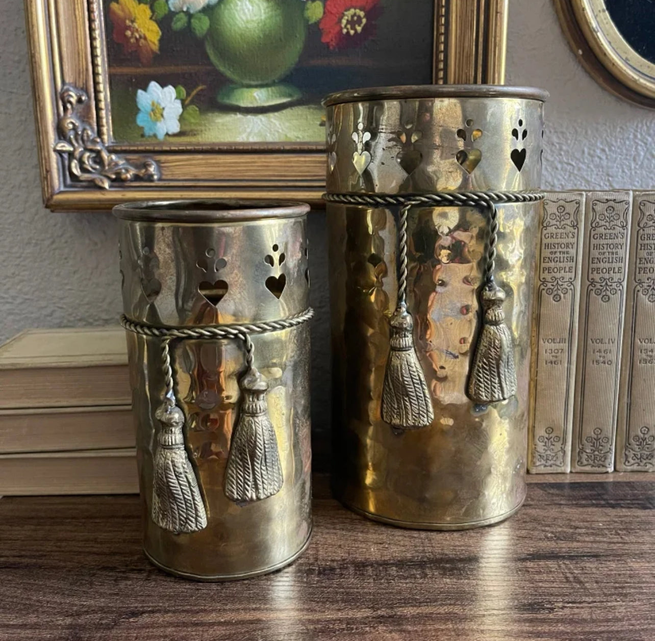 Vintage brass tin tassle canister set