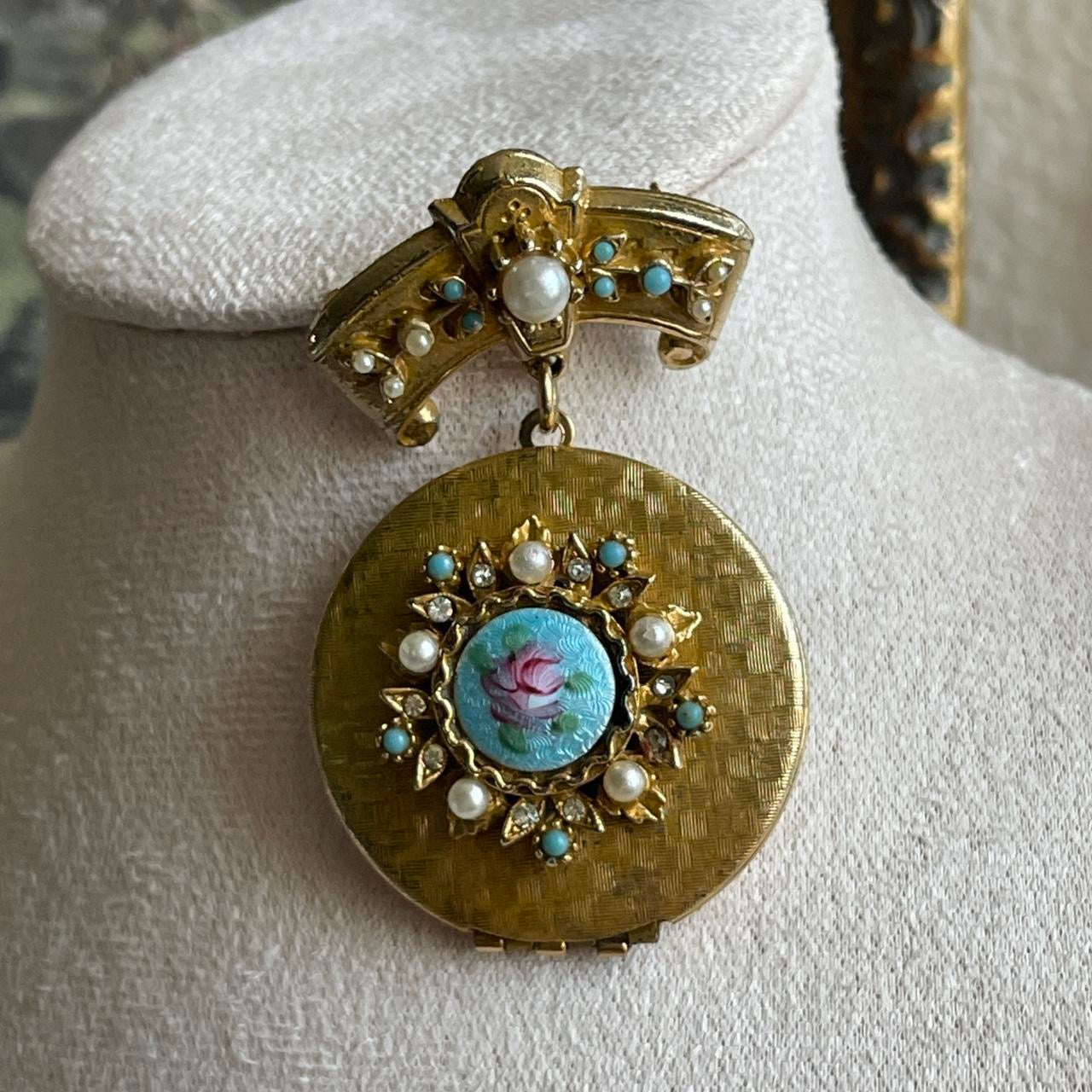 Vintage ART Arthur Pepper Ornate Victorian style enamel flower locket brooch pin