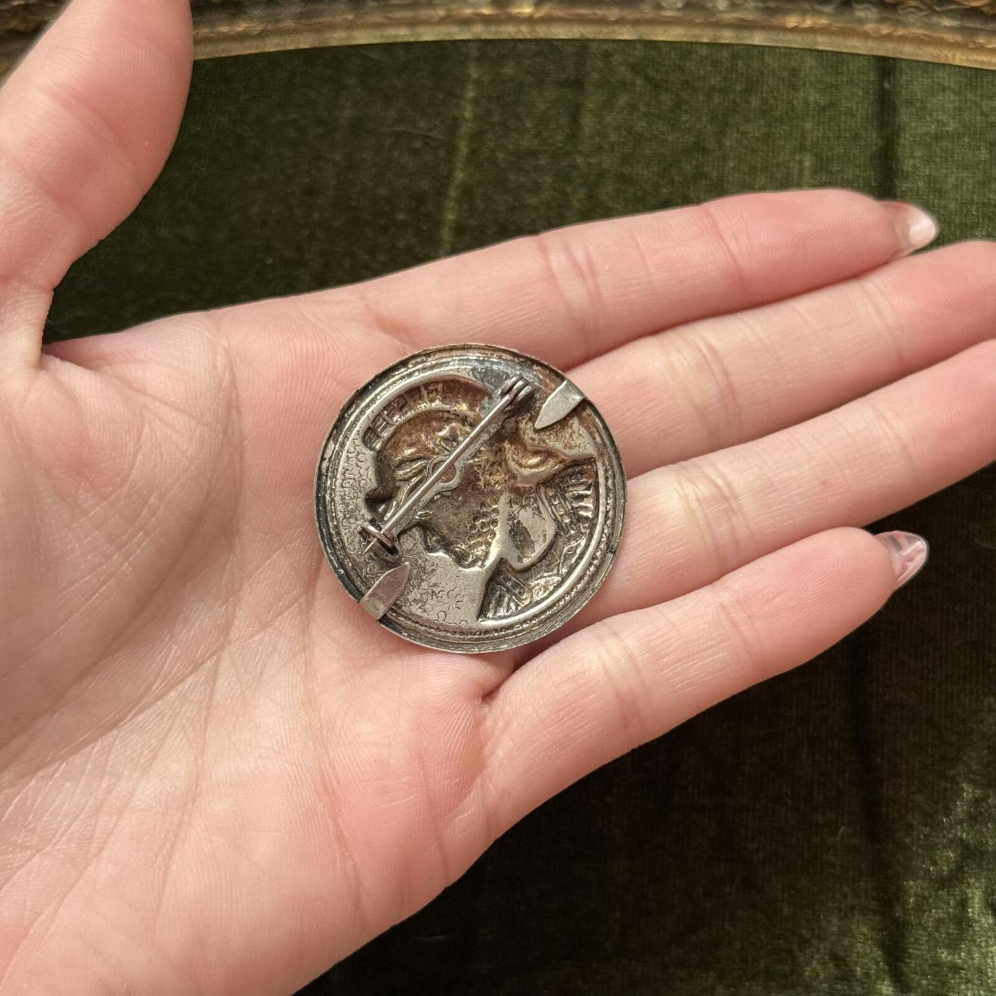 Vintage tin metal Roman coin brooch