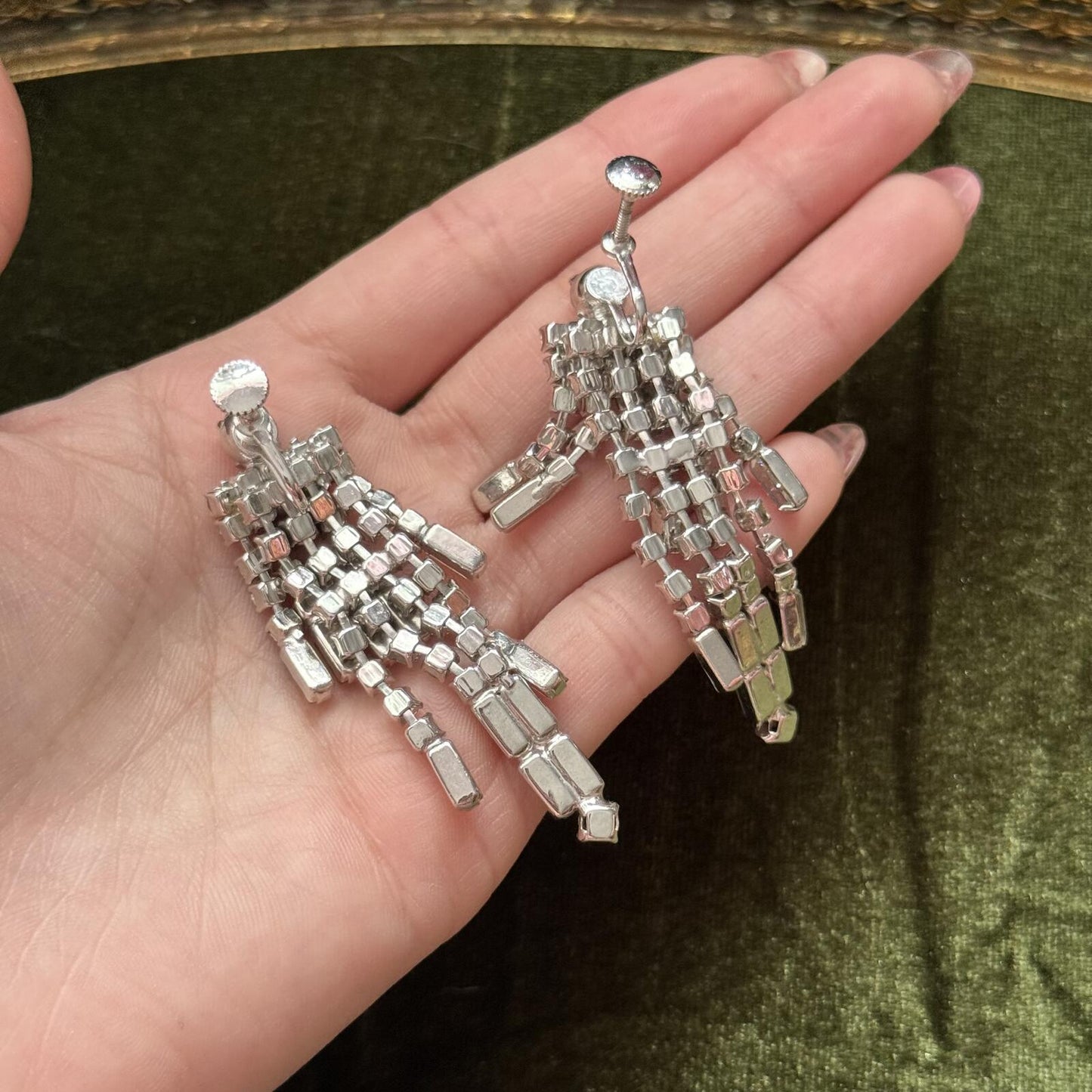 Vintage silver tone Rhinestone screw back earrings