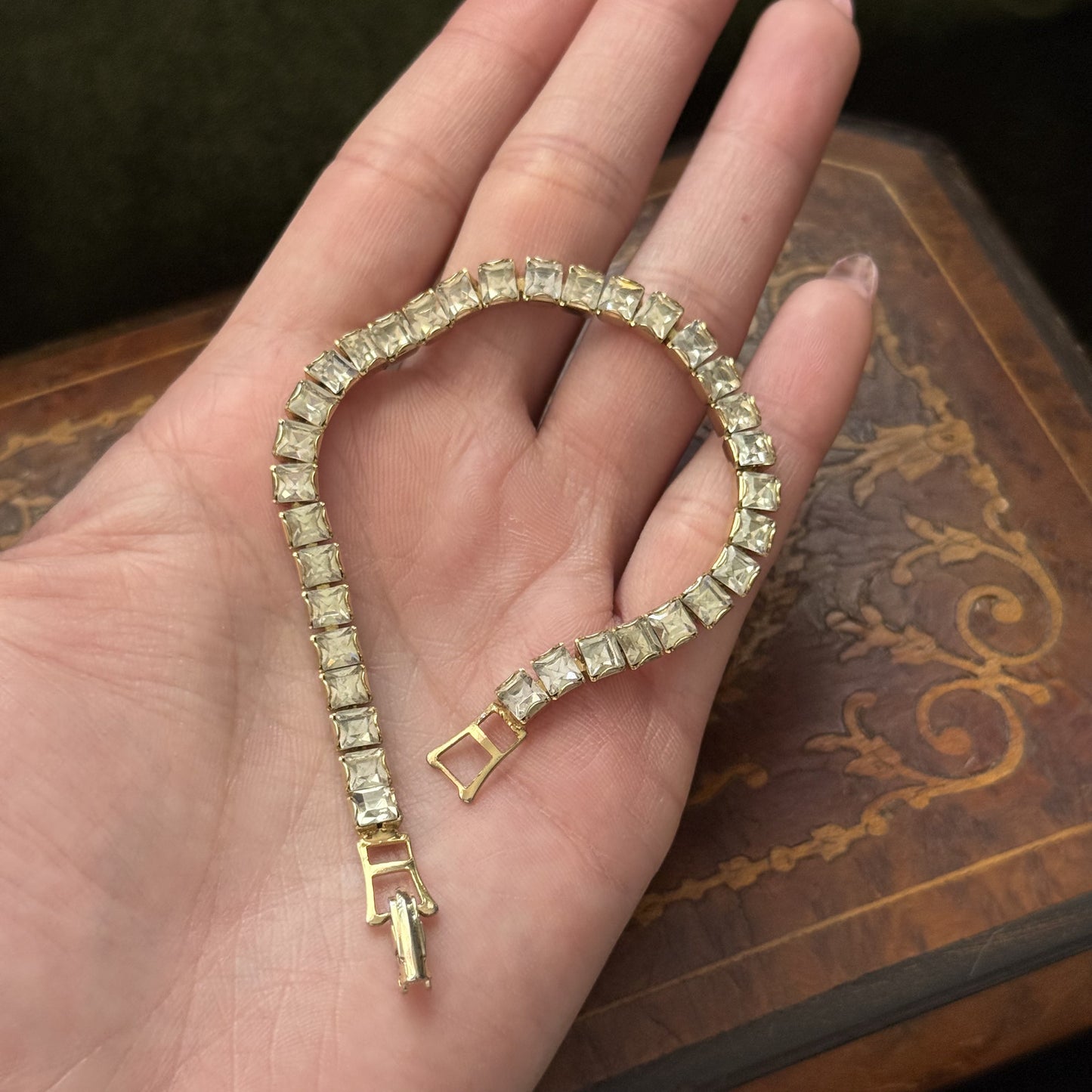 Vintage Rhinestone tennis bracelet Gold tone