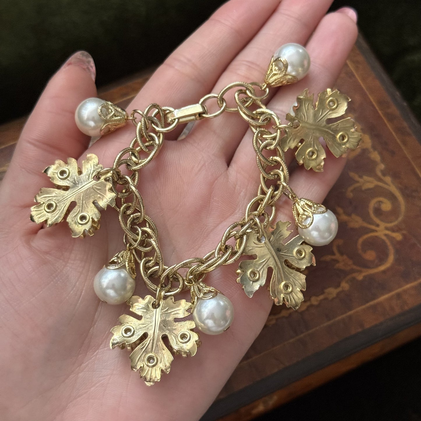 Vintage Faux Pearl Charm Bracelet Gold Tone