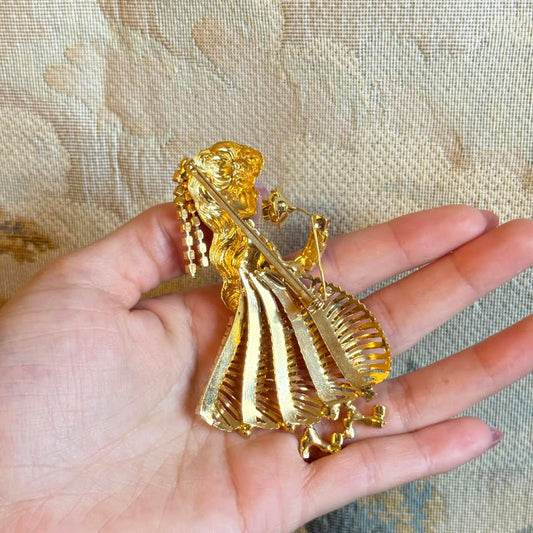 Vintage Gold Tone Brooch, Girl Holding Rose