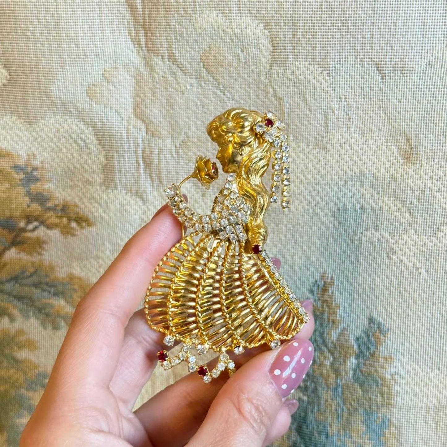 Vintage Gold Tone Brooch, Girl Holding Rose