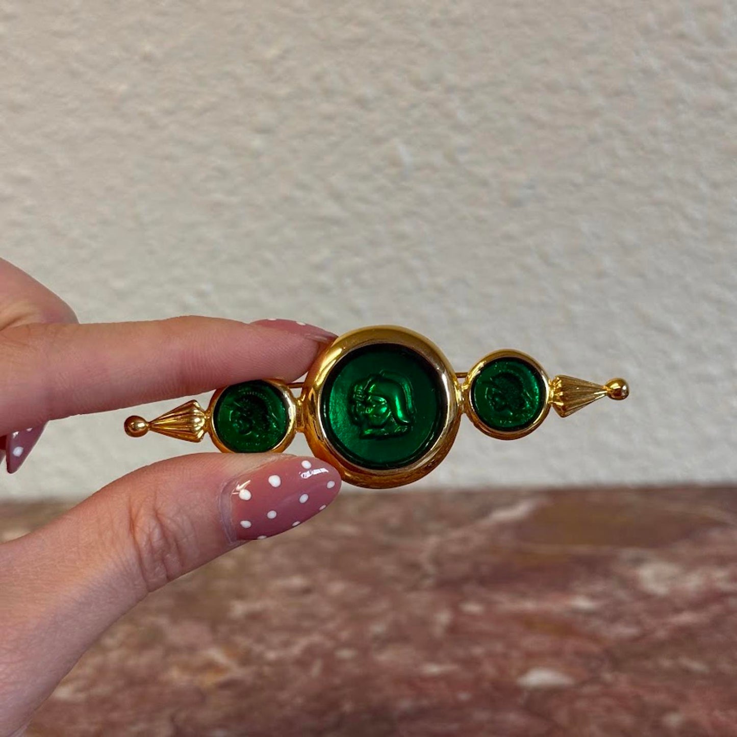 Gold Tone and Green Cameo Brooch Pin