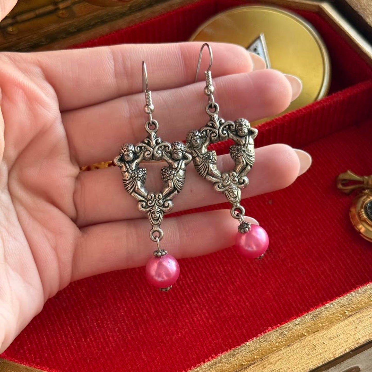 Vintage Silver Tone Cherub Dangle Earrings