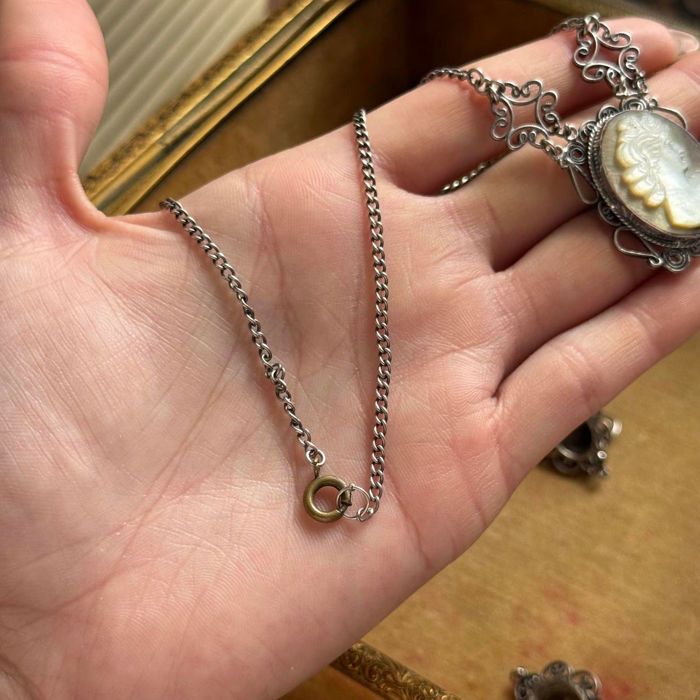 Vintage Hand Carved Cameo Necklace Filigree Victorian Revival Set