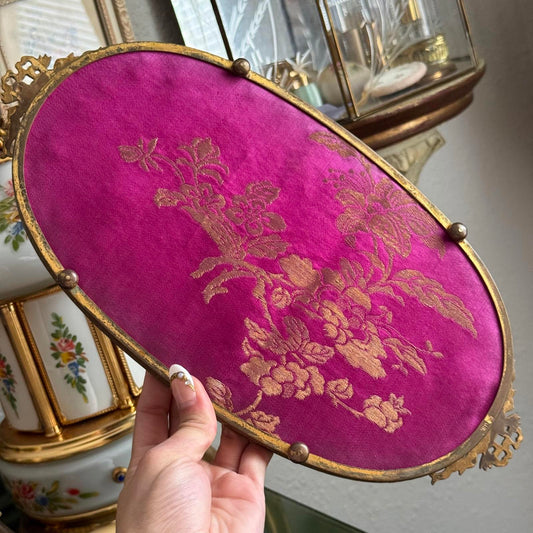 Vintage Brass Antique Royal Blue velvet & Lace Footed Oval Dresser vanity Tray