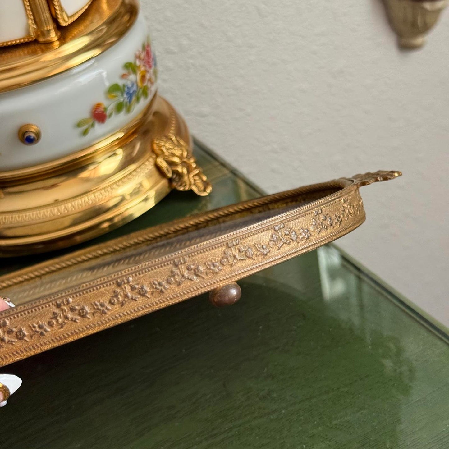 Vintage Brass Antique Royal Blue velvet & Lace Footed Oval Dresser vanity Tray