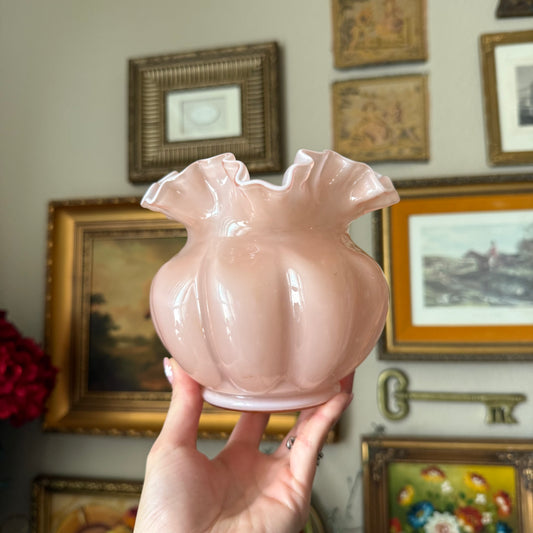 Vintage Fenton Pink Overlay Crimped Ruffled Vase