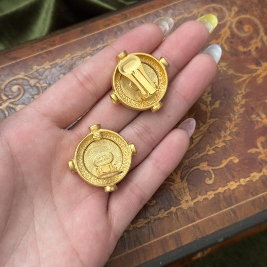 Vintage Gold tone Greek Coin Intaglio Clip on Earrings