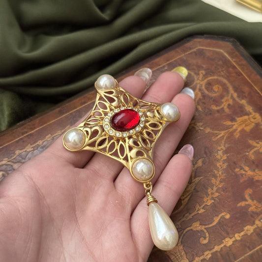 Vintage Faux Pearl and Red Stone Brooch