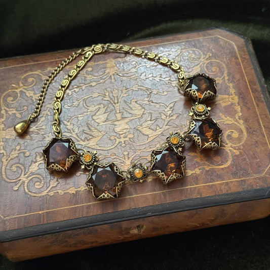 Vintage Victorian Glass Amber colored stone Necklace