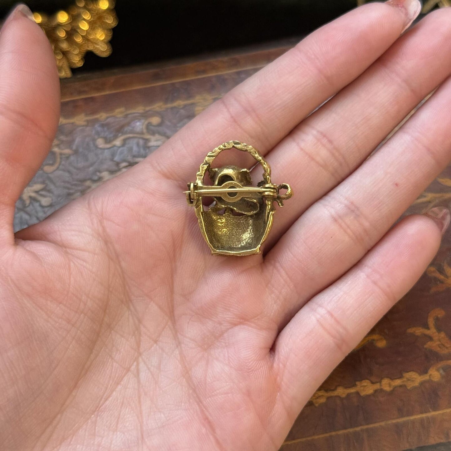 Vintage Dog & wicker basket Brooch