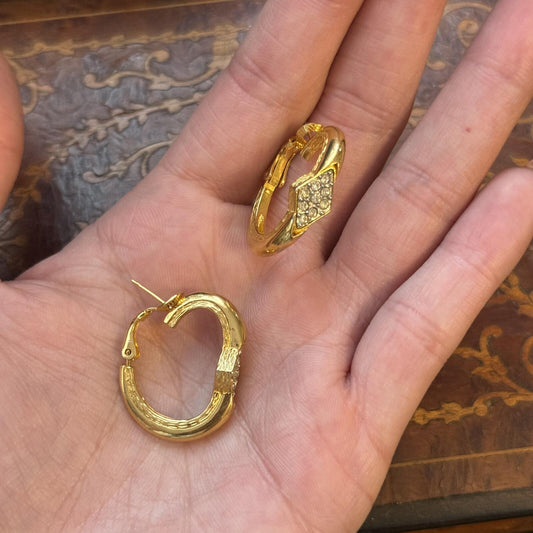 Vintage Gold Tone Rhinestone Hoop Earrings