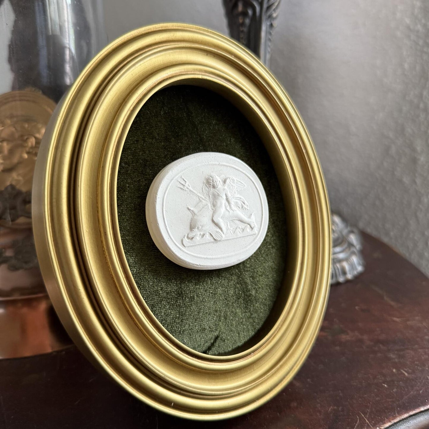 Vintage Style Framed Plaster Cameo Intaglio classical Relief Gold Oval Frame