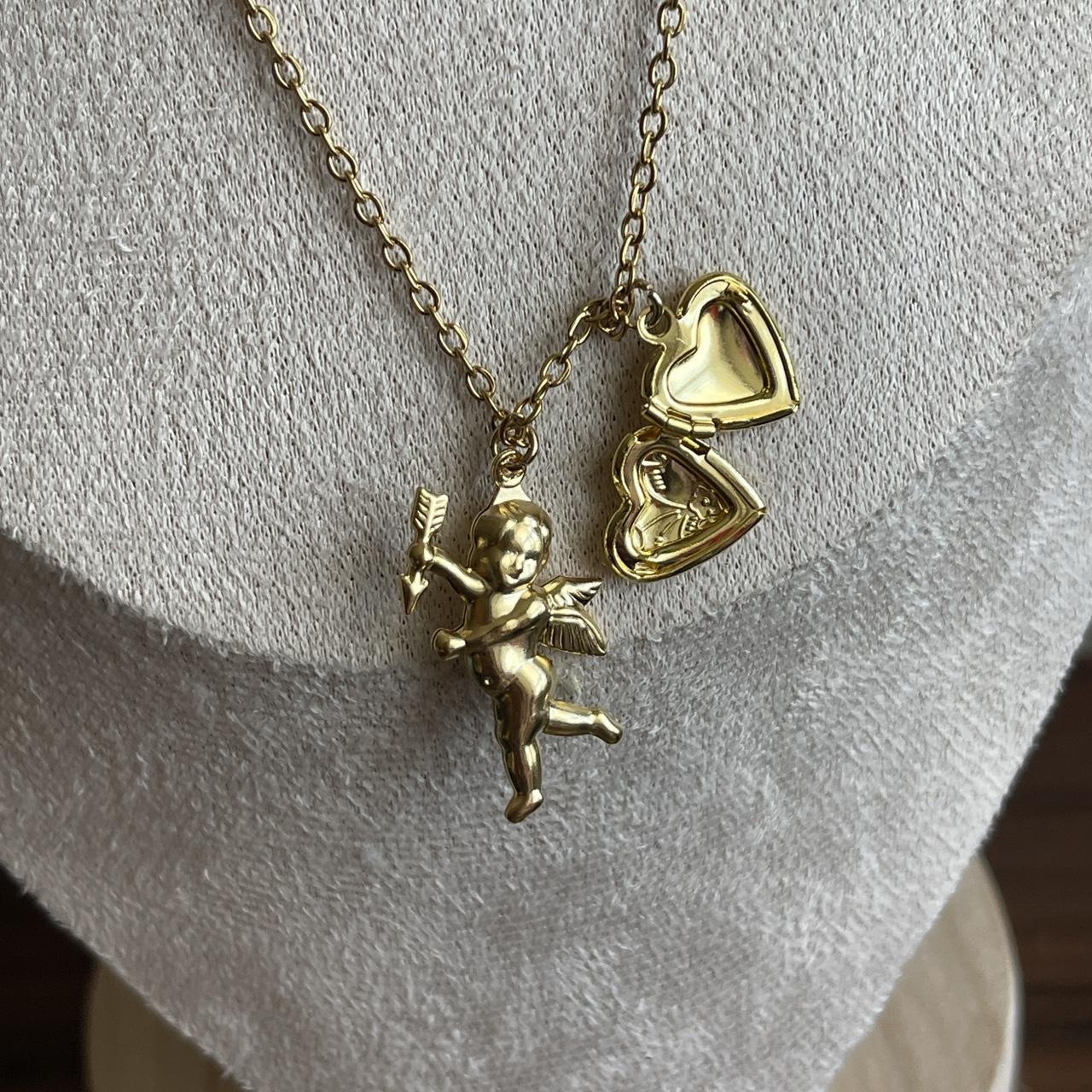 Vintage Style cherub cupid & mini Heart detailed locket necklace