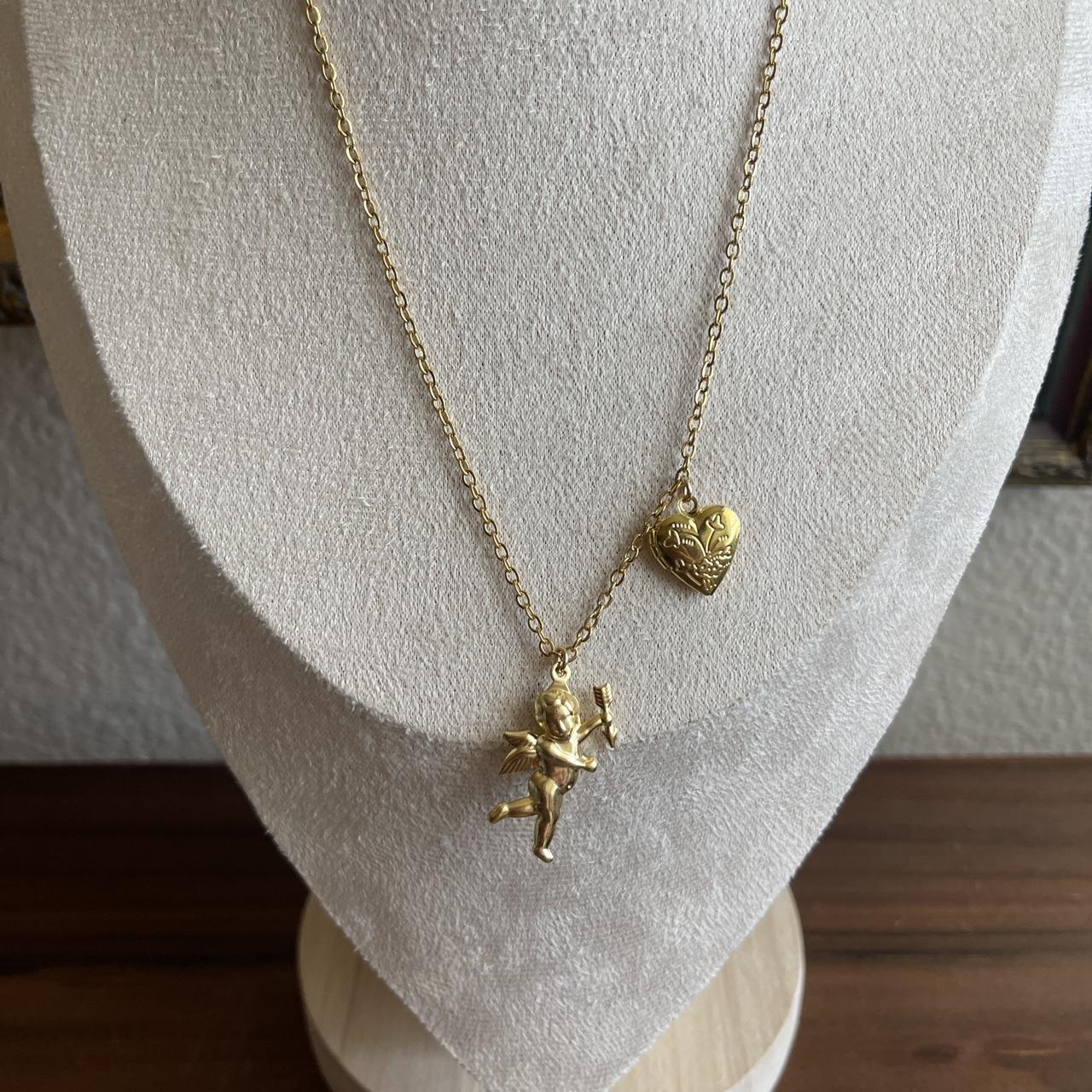 Vintage Style cherub cupid & mini Heart detailed locket necklace