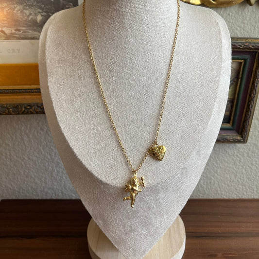 Vintage Style cherub cupid & mini Heart detailed locket necklace