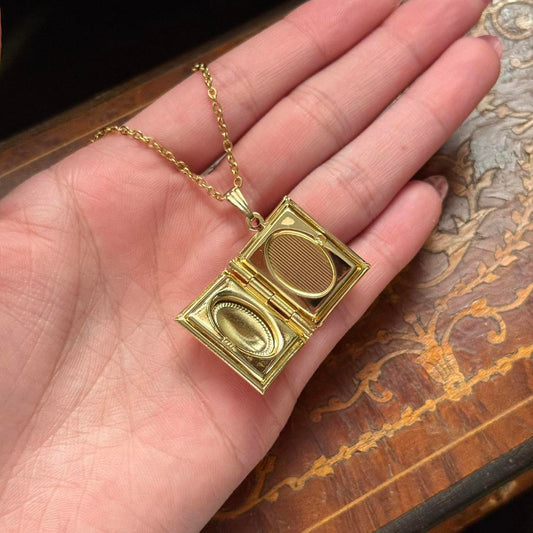 Vintage Style Gold Tone Book Locket Necklace