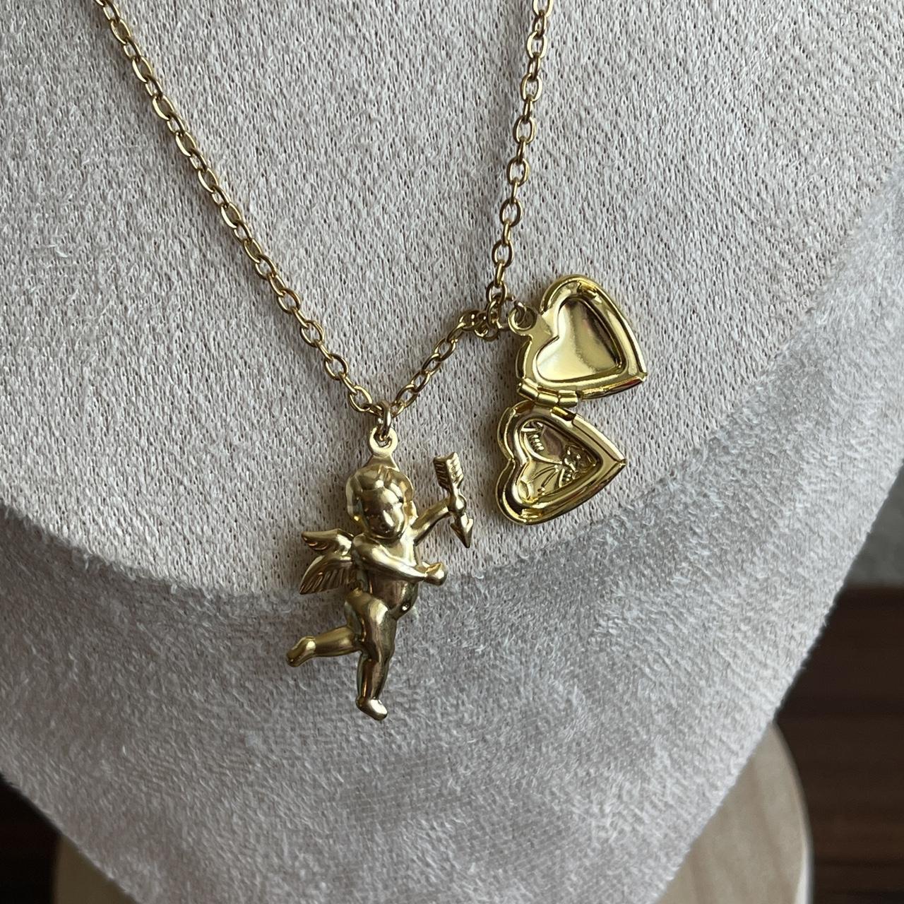 Vintage Style cherub cupid & mini Heart detailed locket necklace