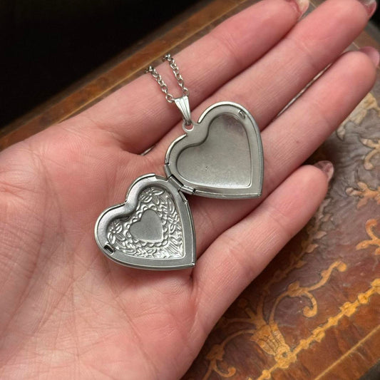 Vintage Style Silver Tone Heart Locket Necklace