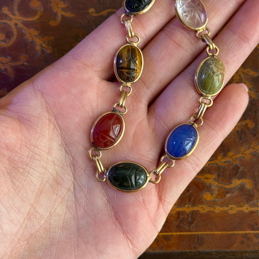 Vintage Mid Century Gold Tone Carved Gemstone Scarab Bracelet