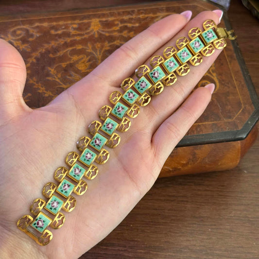 Vintage Gold Tone & Enamel Hand Painted Rose Panel Bookchain Bracelet