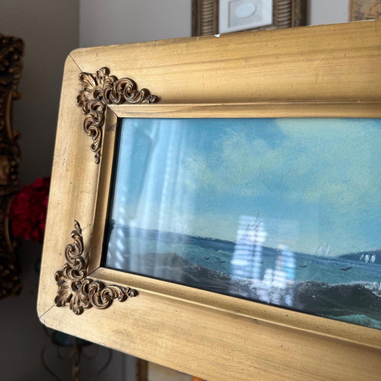 Antique Framed Pastel Seascape Original Chalk Drawing Under Glass