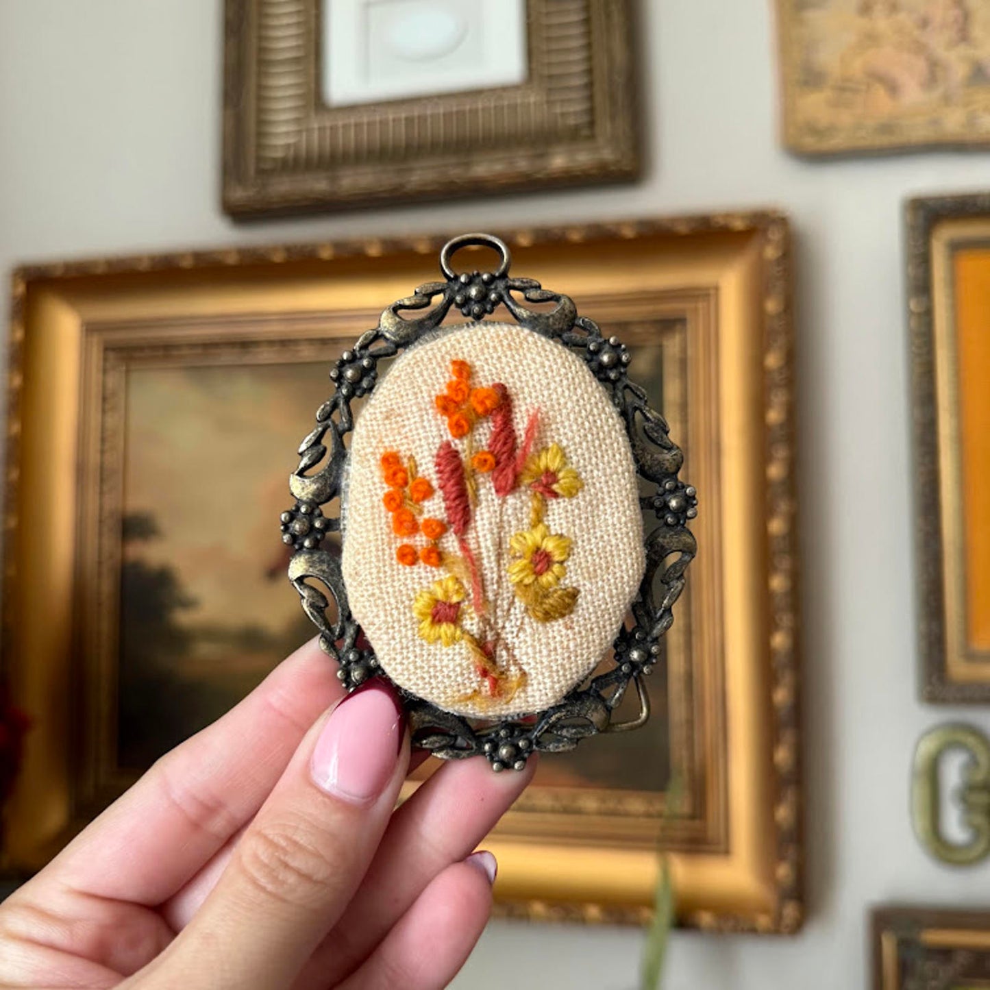 Vintage Oval Floral Embroidery in Orange Metal Frame