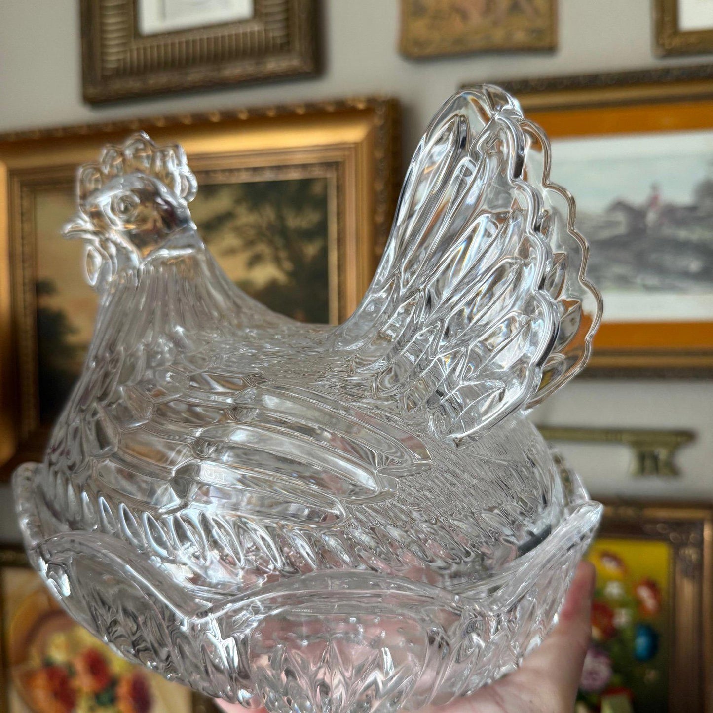 Vintage-Style Clear Glass Hen on Nest Dish Chicken Covered Candy Dish