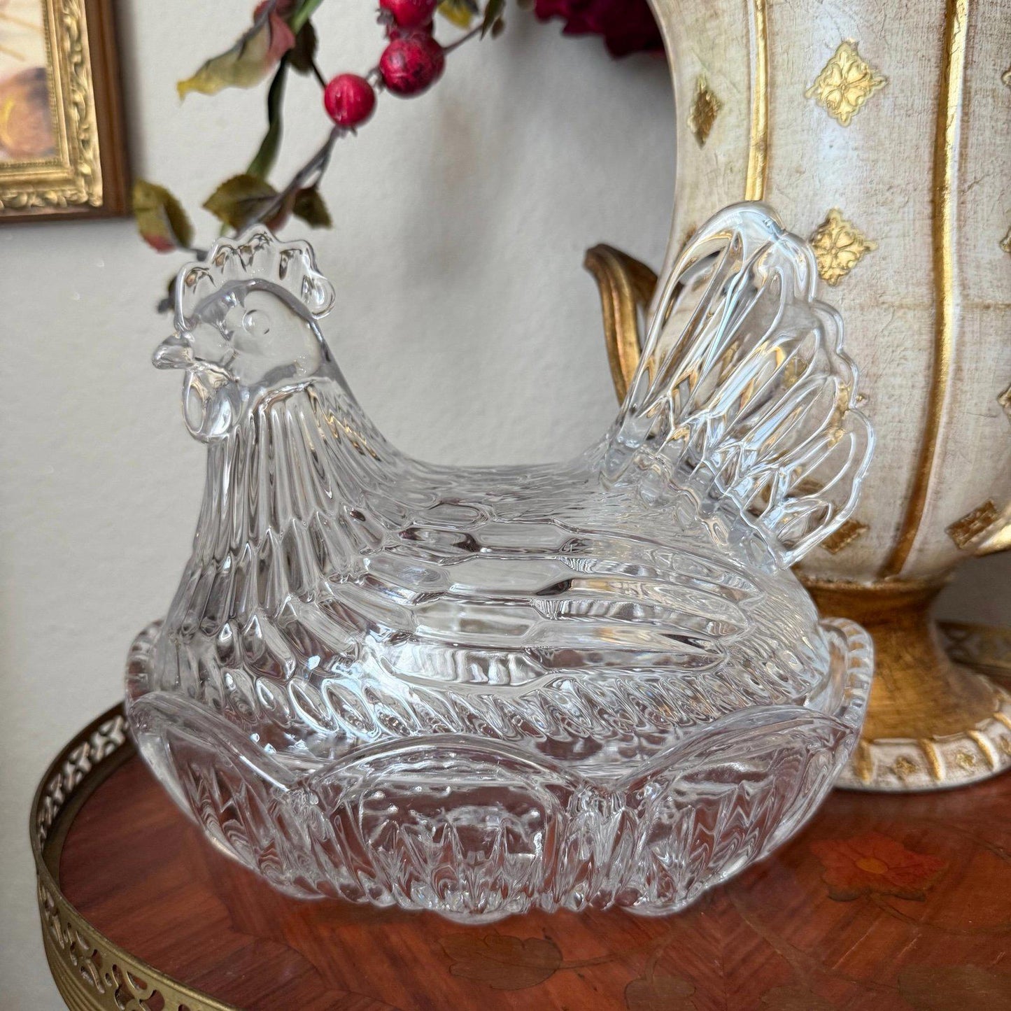 Vintage-Style Clear Glass Hen on Nest Dish Chicken Covered Candy Dish