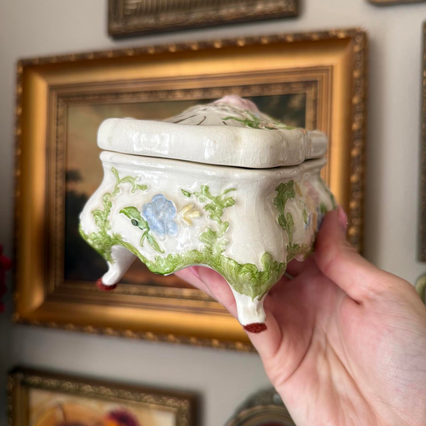 Vintage Floral Ceramic Footed Trinket Dish