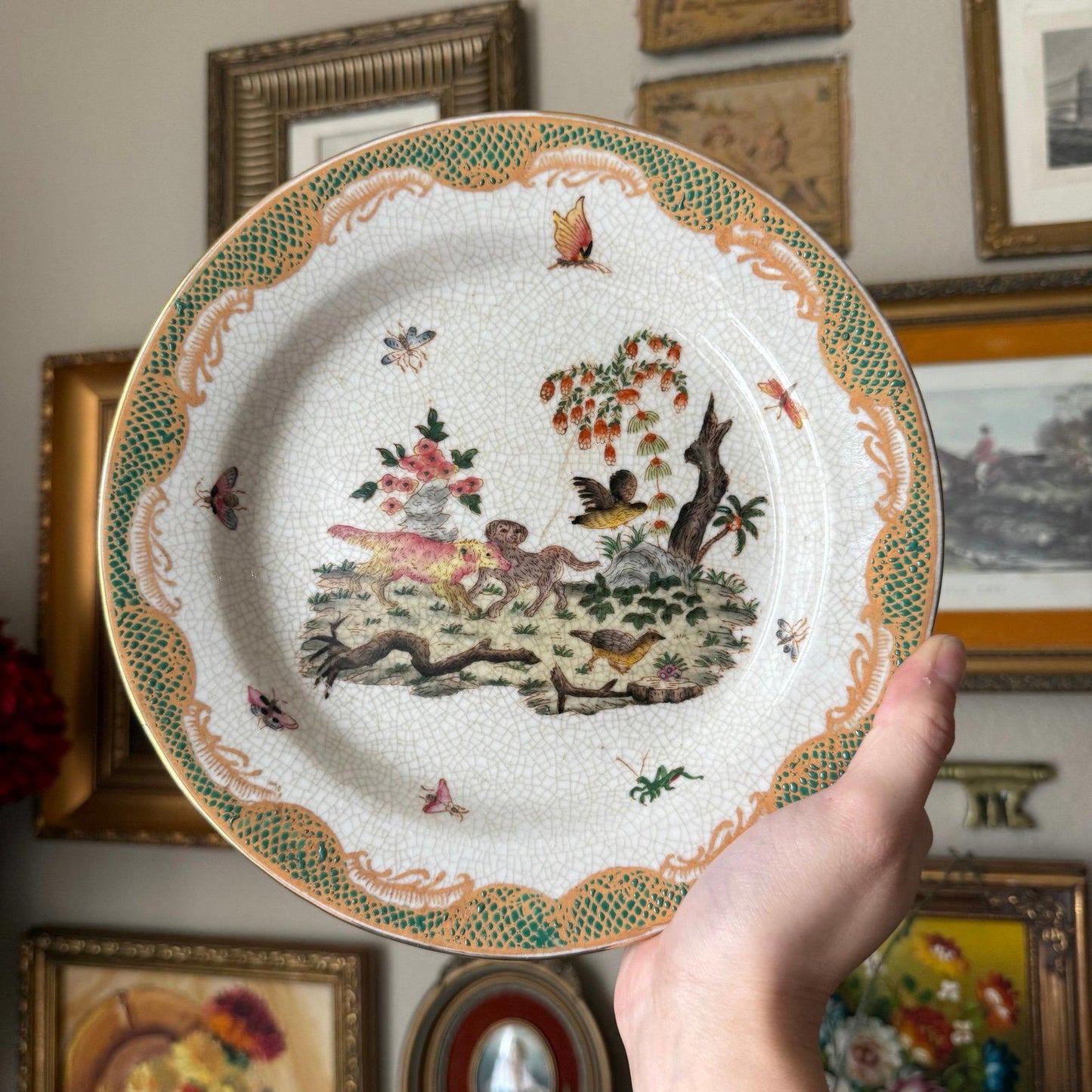 Vintage Decorative Porcelain Plate Crackle Glaze Dog & Bird Scene