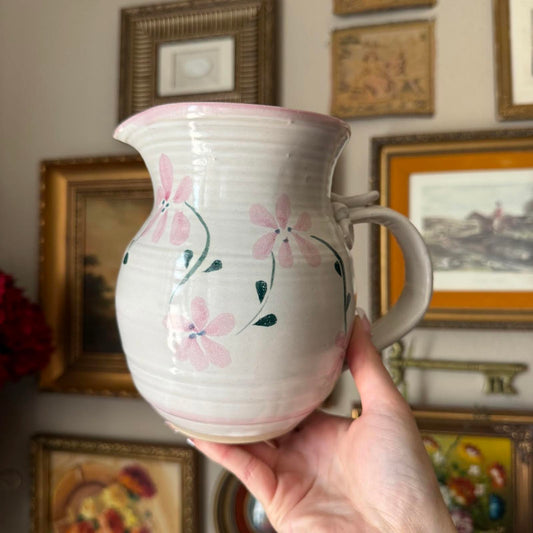 Hand-Painted Vintage Pottery Pitcher with Pink Flowers