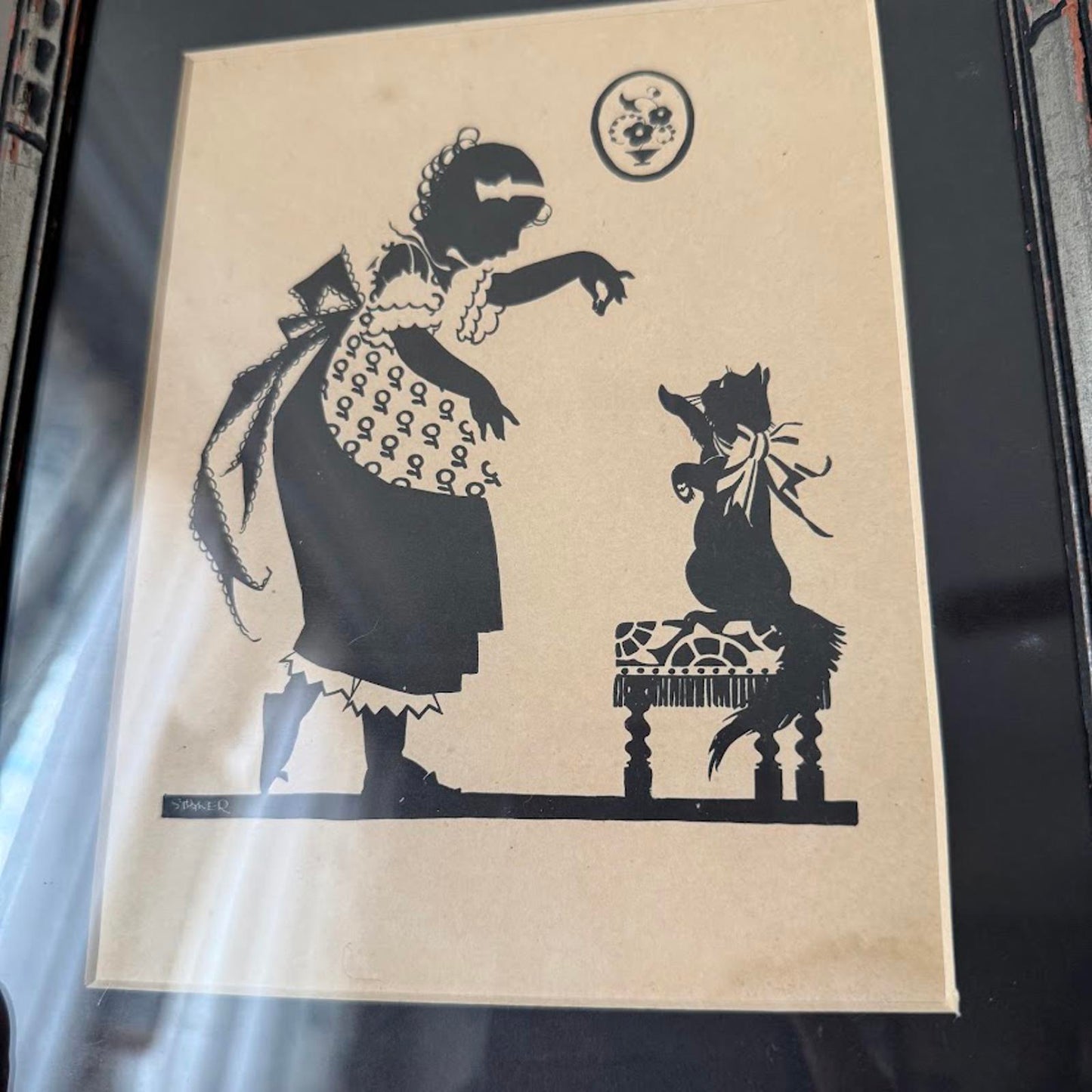 Vintage Framed Silhouette of A Girl and A Cat