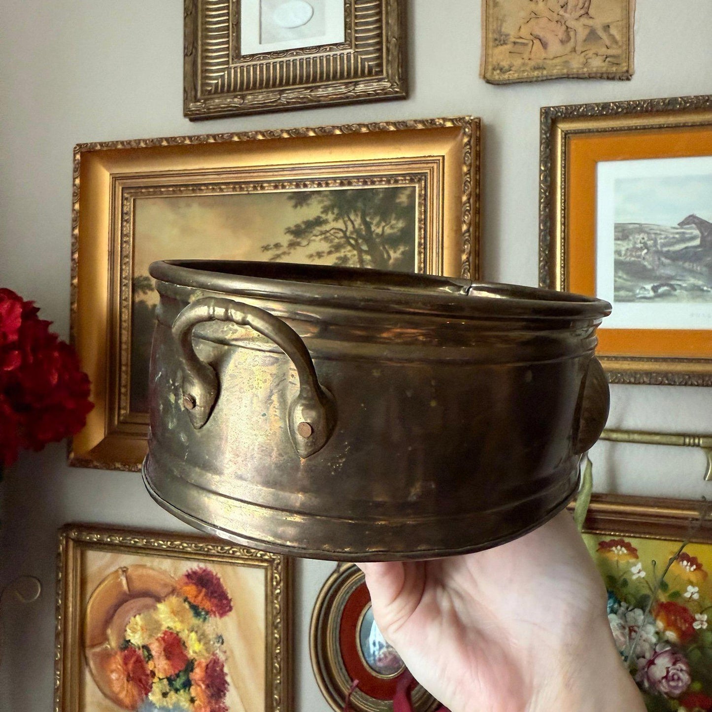 Vintage brass oval planter with a shell design