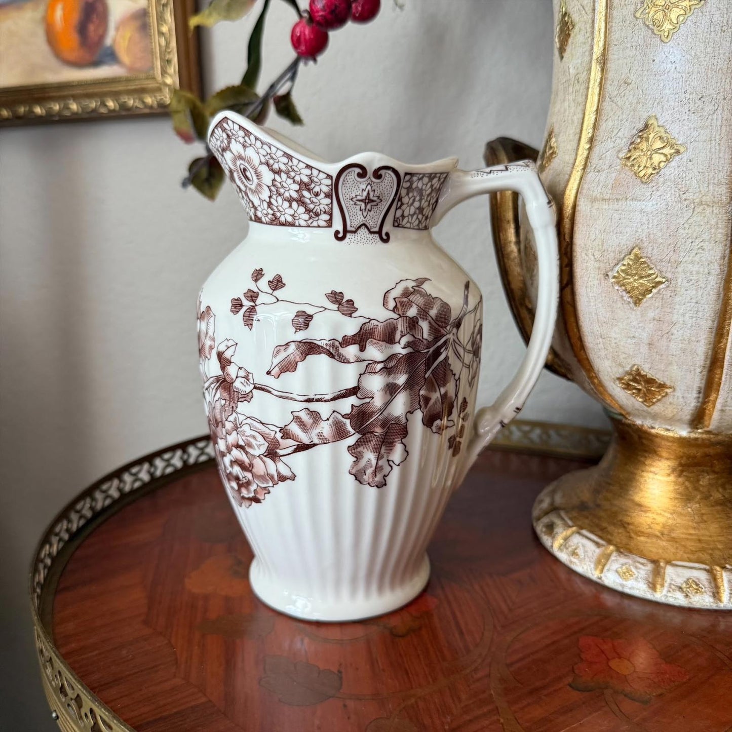 Vintage Two's Company Cream and Brown Floral Vase
