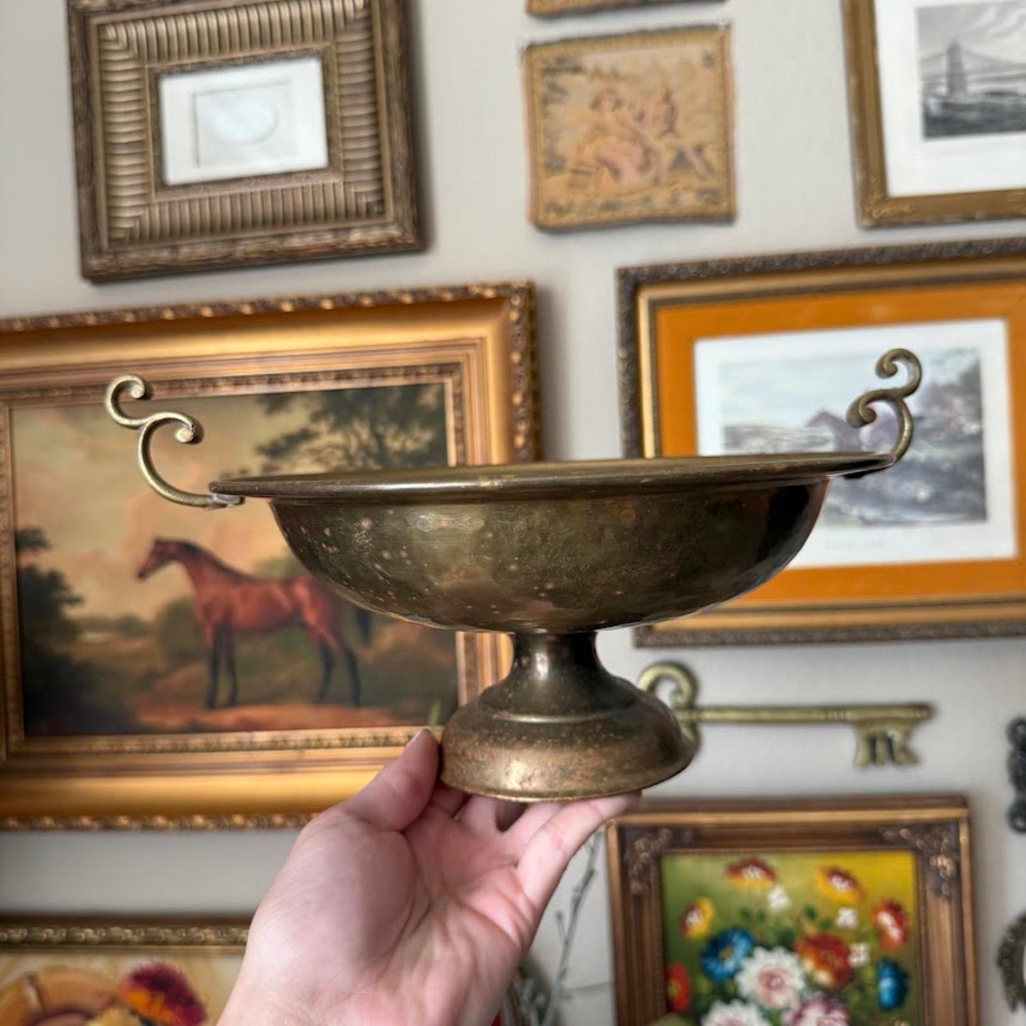 Vintage Brass Circular Pedestal Bowl with Handles