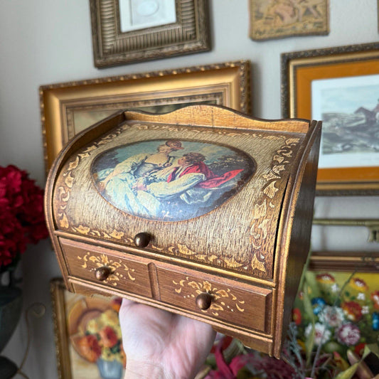 Vintage Gold Wooden Jewelry Box Romantic Couple
