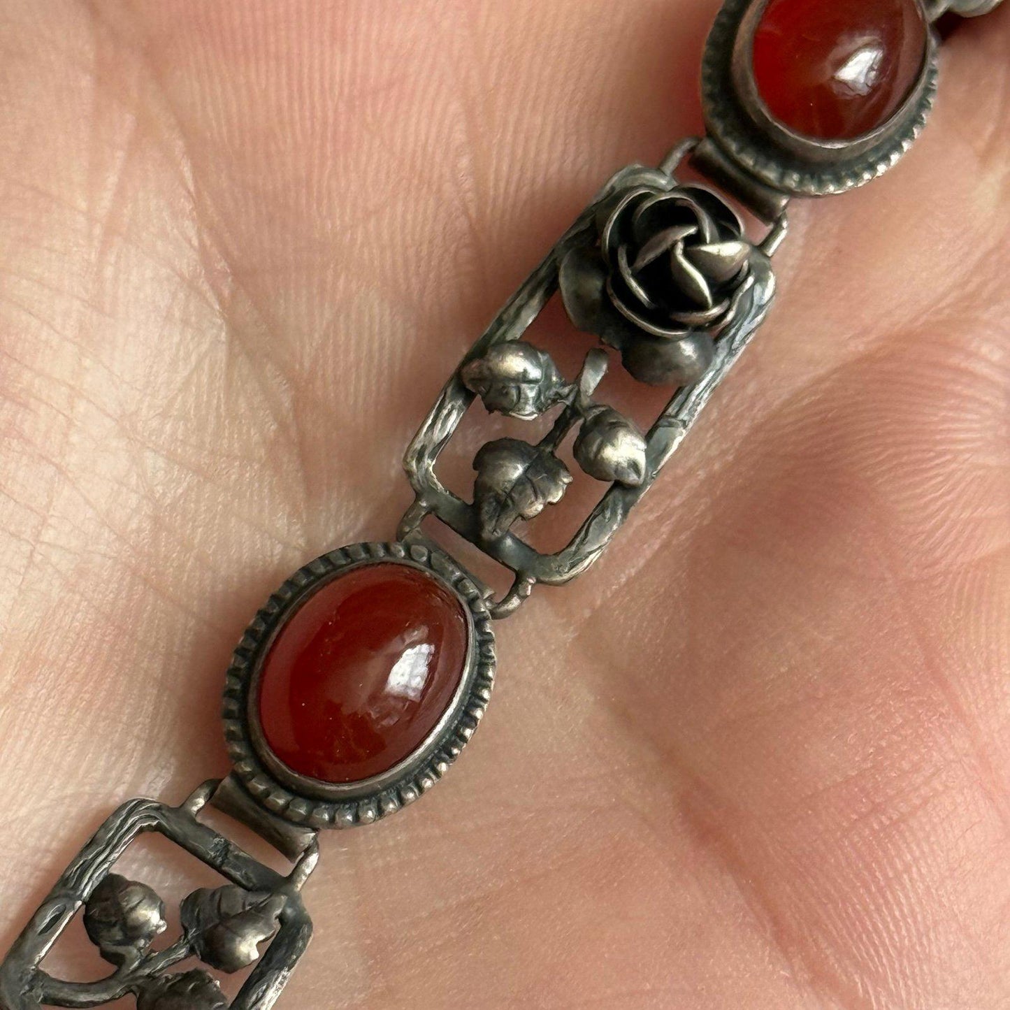 Vintage Sterling Silver & Carnelian Floral Bracelet – Made in Germany