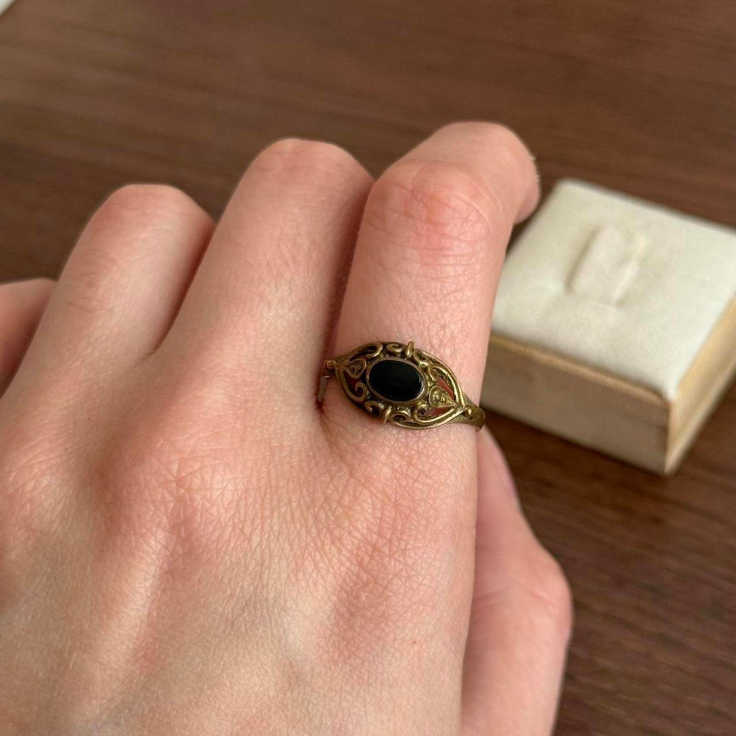 Vintage Art Deco brass ring with black onyx stone