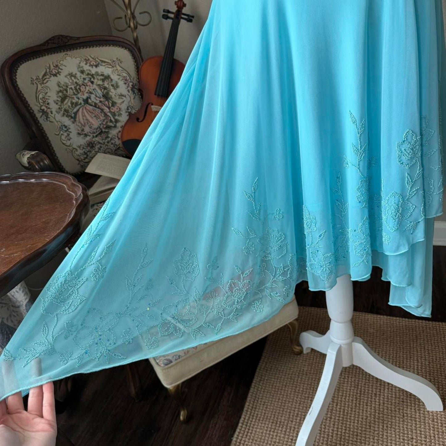 Trixxi Blue lace beaded fairy dress with ruched bust and asymmetrical hem