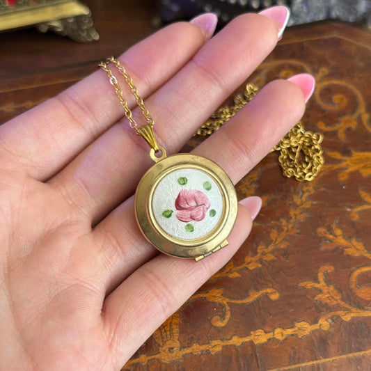 Vintage Gold Tone White Flower Guilloche Enamel Locket